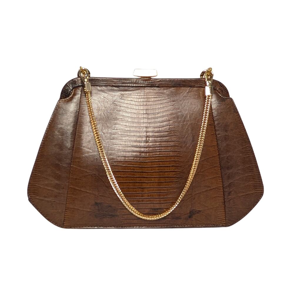 Vintage Palizzio Genuine Lizard Convertible Clutch Shoulder Bag Auburn Brown
